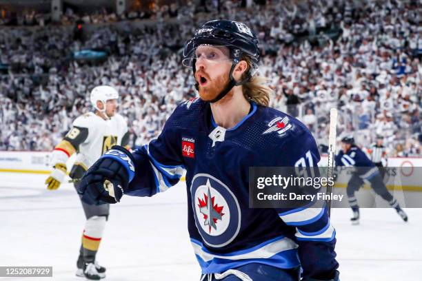 Kyle Connor of the Winnipeg Jets celebrates after scoring a first period goal against the Vegas Golden Knights in Game Three of the First Round of...
