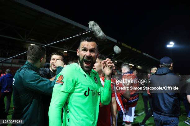 Wrexham goalkeeper Ben Foster celebrates after the Vanarama National League match between Wrexham and Boreham Wood at Racecourse Ground on April 22,...