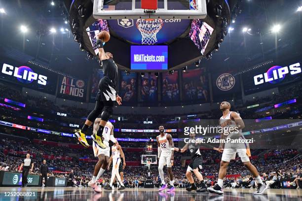 Russell Westbrook of the LA Clippers dunks the ball against the Phoenix Suns during Round 1 Game 4 of the 2023 NBA Playoffs on April 22, 2023 at...