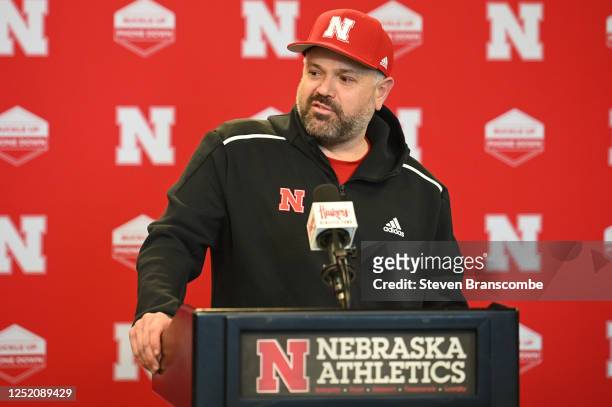 Head coach Matt Rhule of Nebraska Cornhuskers answers questions at the press conference following the game at Memorial Stadium on April 22, 2023 in...