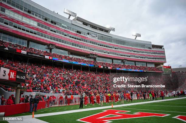 Crowd of over 60,000 fans watch the game at Memorial Stadium on April 22, 2023 in Lincoln, Nebraska.