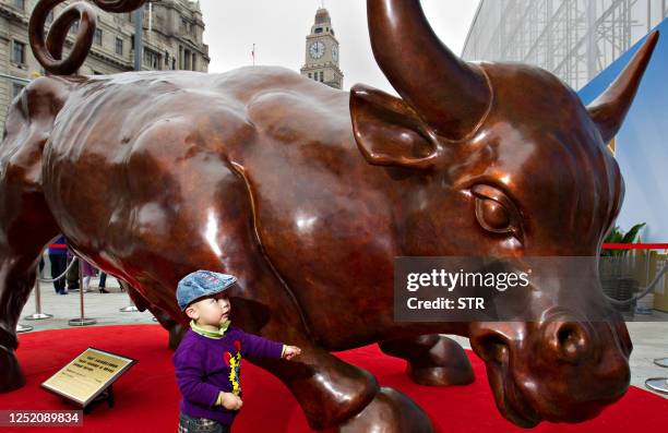 Boy looks at Italian-US artist Arturo Di Modica's Charging Bull statue after its unveiling at the Bund, in Shanghai on May 15, 2010. Di Modica's is...