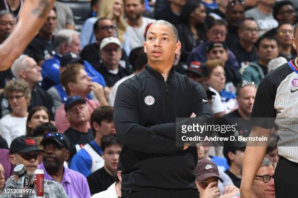 Head Coach Tyronn Lue of the LA Clippers looks on during Round One Game Four of the 2023 NBA Playoffs against the Phoenix Suns on April 22, 2023 at...