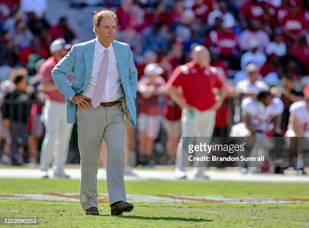 Head coach Nick Saban of the Alabama Crimson Tide looks on during the second half of the Alabama Spring Football Game at Bryant-Denny Stadium on...