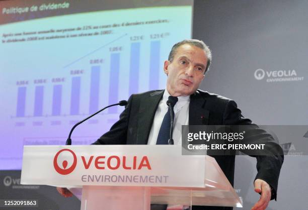 Chairman and Chief Executive Officer of French international utility group Veolia Environnement, Henri Proglio, gives a press conference, on March 6,...