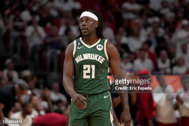 Jrue Holiday of the Milwaukee Bucks looks on during the game during Round One Game Three of the 2023 NBA Playoffs on April 22, 2023 at Kaseya Center...