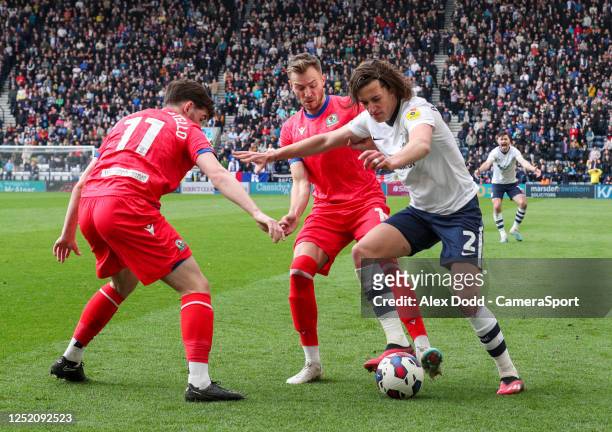 Preston North End's Alvaro Fernandez shields the ball from Blackburn Rovers' Joseph Rankin-Costello and Ryan Hedges during the Sky Bet Championship...