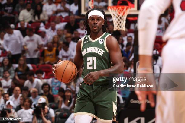 Jrue Holiday of the Milwaukee Bucks dribbles the ball during Round 1 Game 3 of the 2023 NBA Playoffs against the Miami Heat on April 22, 2023 at...