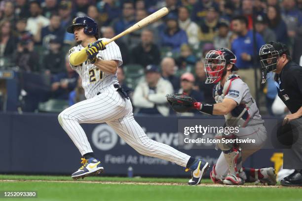 Milwaukee Brewers shortstop Willy Adames gets a hit during a game between the Milwaukee Brewers and the Boston Red Sox on April 22, 2023 at American...