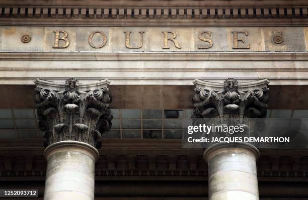 Picture taken on October 8 of the pediment of the former Paris' stock Exchange building, "Palais Brongniart". French stocks went into free-fall in...