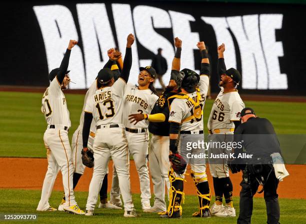 The Pittsburgh Pirates celebrate after defeating the Cincinnati Reds 2-1 at PNC Park on April 22, 2023 in Pittsburgh, Pennsylvania.
