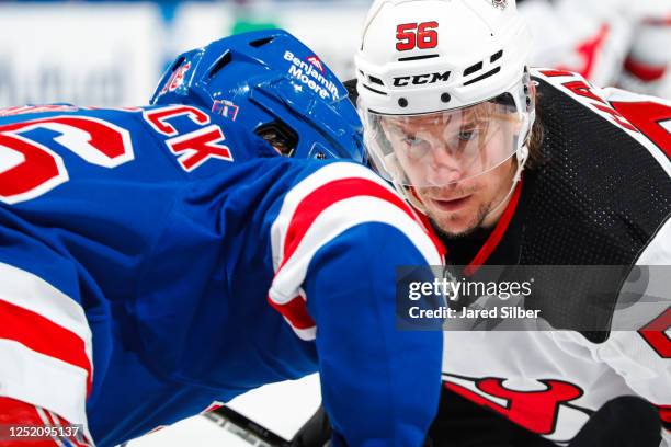 Erik Haula of the New Jersey Devils skates against the New York Rangers in Game Three of the First Round of the 2023 Stanley Cup Playoffs at Madison...
