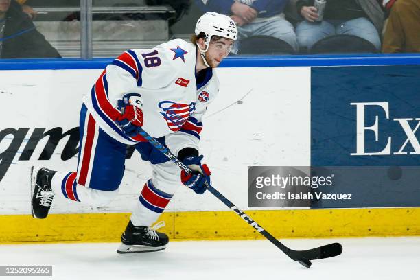 Isak Rosen of Rochester Americans moves the puck against the Syracuse Crunch during Game 2 of the north division semifinals of the Calder Cup...