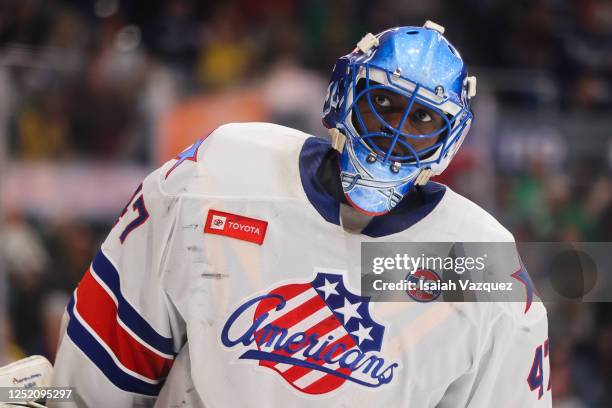 Malcolm Subban of Rochester Americans looks on during the third period against the Syracuse Crunch during Game 2 of the north division semifinals of...