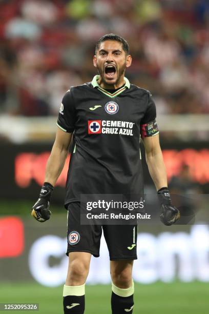 Jose de Jesus Corona goalkeeper of Cruz Azul reacts during the 16th round match between Chivas and Cruz Azul as part of the Torneo Clausura 2023 Liga...