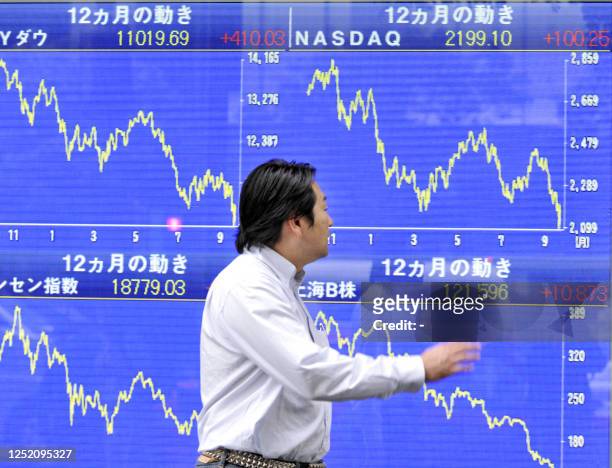 Japanese businessman passes before a share prices board in Tokyo on September 19, 2008. Japanese shares jumped 431.56 points to close at 11,920.86...
