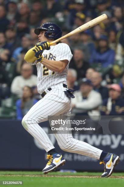 Milwaukee Brewers shortstop Willy Adames gets a hit during a game between the Milwaukee Brewers and the Boston Red Sox on April 22, 2023 at American...