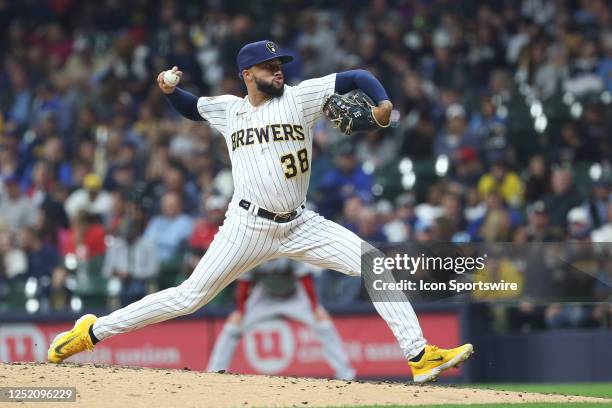 Milwaukee Brewers relief pitcher Devin Williams throws during a game between the Milwaukee Brewers and the Boston Red Sox on April 22, 2023 at...