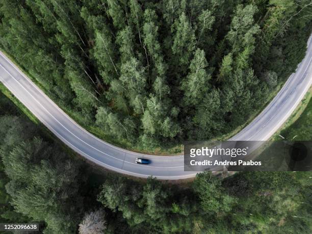 top down aerial view of a winding road in the middle of a forest - straßenverkehr stock-fotos und bilder