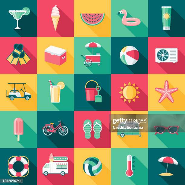 ilustraciones, imágenes clip art, dibujos animados e iconos de stock de conjunto de iconos de verano - actividades recreativas