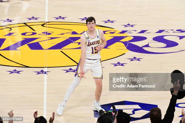 Austin Reaves of the Los Angeles Lakers celebrates during the game against the Memphis Grizzlies during Round One Game Three of the 2023 NBA Playoffs...