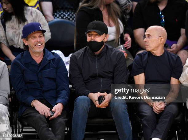 Leonardo DiCaprio and Jeffrey Katzenberg attend the basketball agleam between Los Angeles Lakers and Memphis Grizzlies duringRound 1 Game 3 of the...