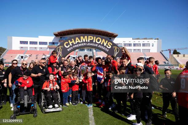 Hamrun Spartans FC soccer players, officials and supporters celebrate winning the Malta BOV Premier League trophy after a 2-0 win against Gudja...