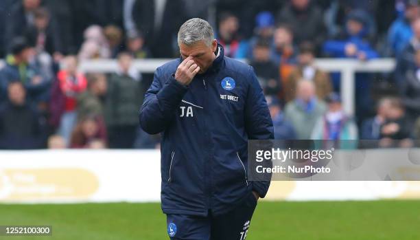 Hartlepool United Manager John Askey looks dejected during the Sky Bet League 2 match between Hartlepool United and Crawley Town at Victoria Park,...