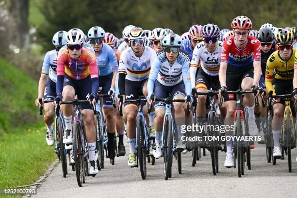 The pack cycles during the women elite race of the Liege-Bastogne-Liege one day cycling event 1km round-trip from Liege via Bastogne, on April 23,...