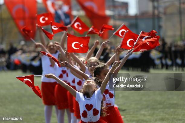 Children perform during the ceremony held on the occasion of 23rd April National Sovereignty and Children's Day in Kapakli district of Tekirdag,...