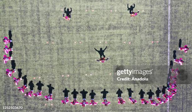 An aerial view of children performed during the ceremony held on the occasion of 23rd April National Sovereignty and Children's Day in Kapakli...