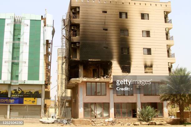 This image shows a building damaged during battles between the forces of two rival Sudanese generals in the southern part of Khartoum, on April 23,...