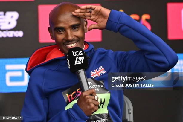 Britain's Mo Farah attends a press conference after finishing the men's race in 9th place at the finish of the 2023 London Marathon in central London...