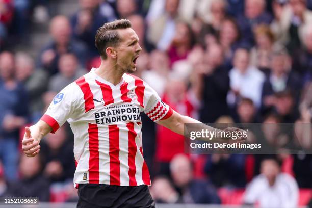 Luuk de Jong of PSV Eindhoven Looks on during the Dutch Eredivisie match between PSV Eindhoven and AFC Ajax at Philips Stadion on April 23, 2023 in...