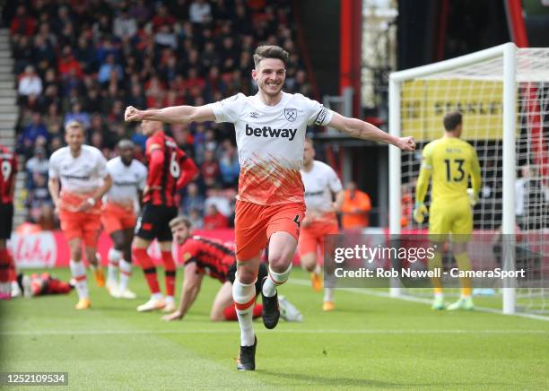 West Ham United's Declan Rice celebrates scoring his side's third goal during the Premier League match between AFC Bournemouth and West Ham United at...