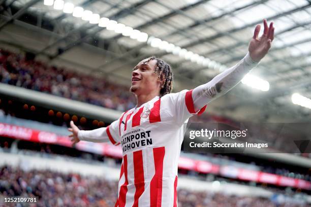 Xavi Simons of PSV celebrates 2-0 during the Dutch Eredivisie match between PSV v Ajax at the Philips Stadium on April 23, 2023 in Eindhoven...