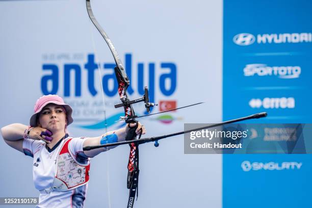 In this handout image provided by the World Archery Federation, Penny Healey of Great Britain during the Women's recurve finals during the Hyundai...