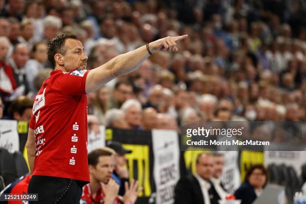 Flensburg Head Coach Maik Machulla gestures during the LIQUI MOLY HBL match between THW Kiel and SG Flensburg-Handewitt at Wunderino Arena on April...