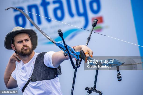 In this handout image provided by the World Archery Federation, Jean Charles Valladont of France during the Men's recurve finals during the Hyundai...