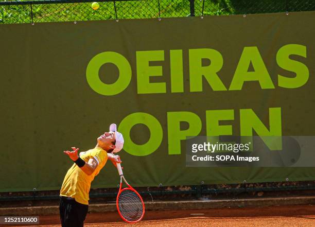 Zsombor Piros of Hungary plays against Juan Manuel Cerundolo of Argentina during the Final of the Oeiras Open tournament at Clube de Ténis do Jamor....