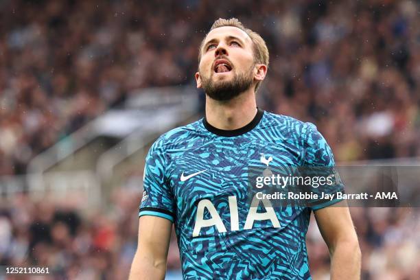 Harry Kane of Tottenham Hotspur reacts during the Premier League match between Newcastle United and Tottenham Hotspur at St. James Park on April 22,...