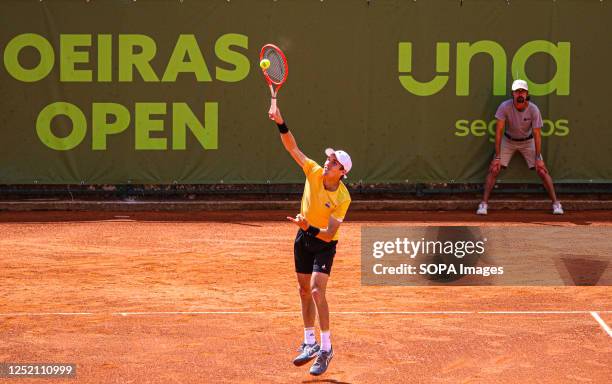 Zsombor Piros of Hungary plays against Juan Manuel Cerundolo of Argentina during the Final of the Oeiras Open tournament at Clube de Ténis do Jamor....