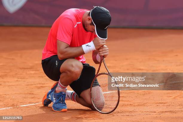 Dusan Lajovic of Serbia celebrates winning against Andrey Rublev during their Final match at the ATP 250 Srpska Open 2023 at National Tennis Center...