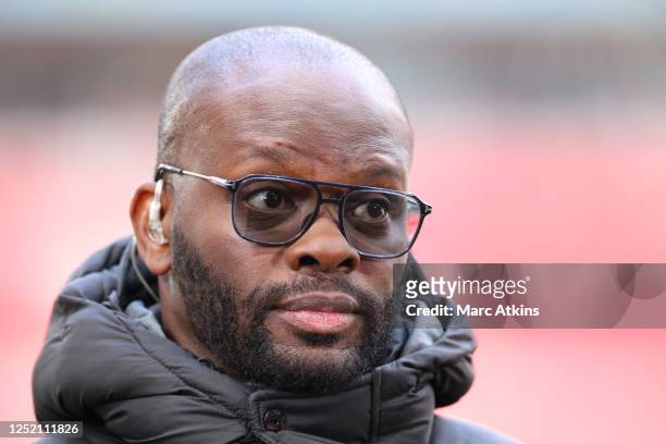 Former footballer and BBC pundit Louis Saha giving analysis ahead of the Emirates FA Cup Semi Final match between Brighton & Hove Albion and...