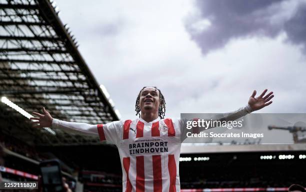 Xavi Simons of PSV celebrates 2-0 during the Dutch Eredivisie match between PSV v Ajax at the Philips Stadium on April 23, 2023 in Eindhoven...