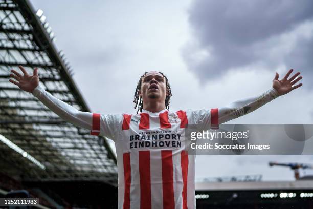 Xavi Simons of PSV celebrates 2-0 during the Dutch Eredivisie match between PSV v Ajax at the Philips Stadium on April 23, 2023 in Eindhoven...