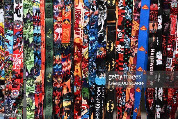 Science fiction-themed lanyards are displayed for sale at Sci Fi Scarborough at The Spa Complex in Scarborough in north-east England on April 23,...