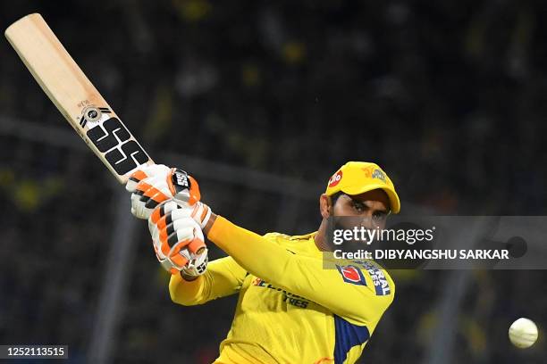 Chennai Super Kings' Ravindra Jadeja plays a shot during the Indian Premier League Twenty20 cricket match between Kolkata Knight Riders and Chennai...