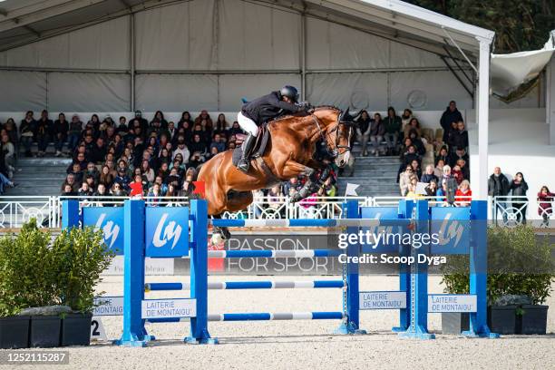 Reynald ANGOT riding CHROME D'IVRAIE during the Le printemps des sports equestres - day 3 on April 23, 2023 in Fontainebleau, France.