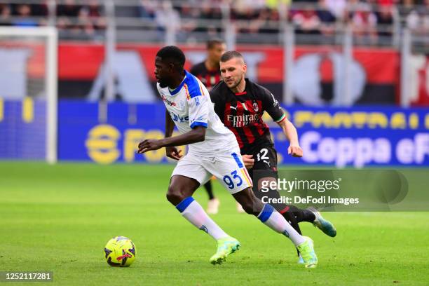Samuel Umtiti of US Lecce in action during the Serie A match between AC Milan and US Lecce at Stadio Giuseppe Meazza on April 23, 2023 in Milan,...